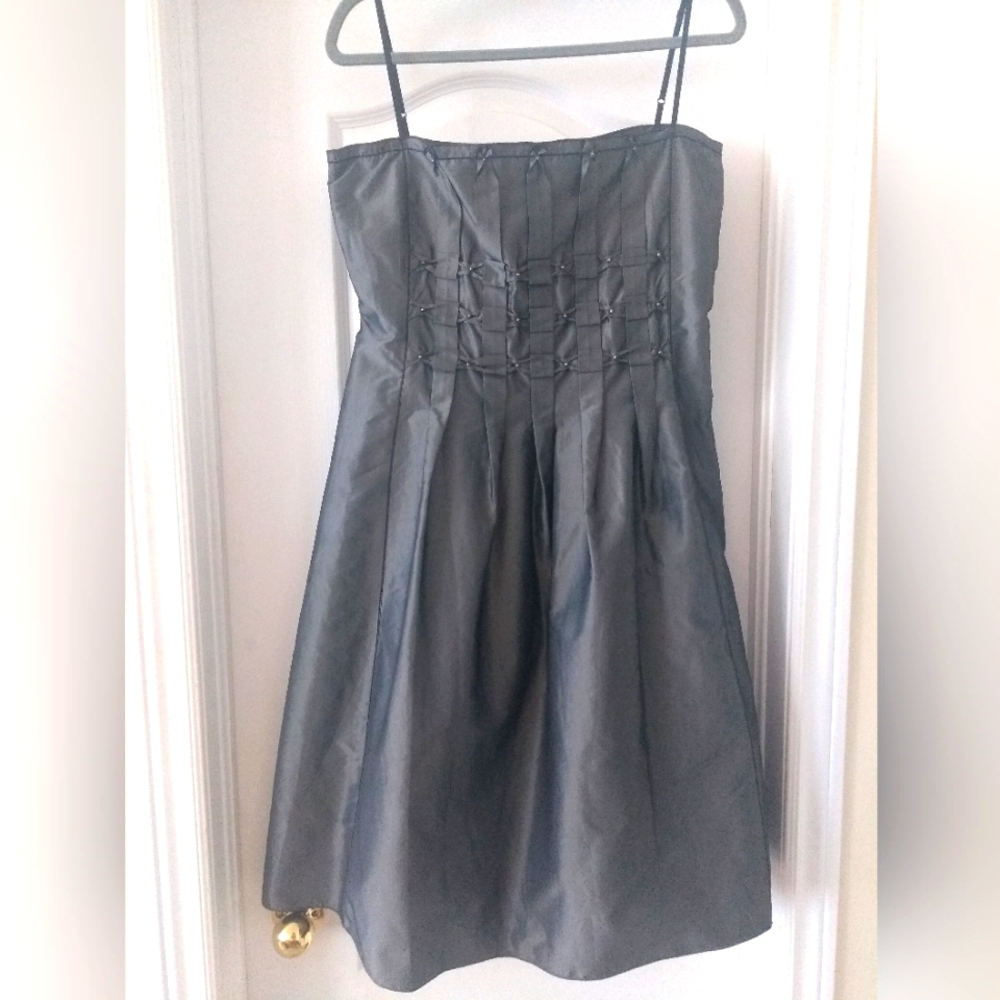 10. Max Studio: Pewter, spaghetti strap evening/party dress. Straps are black.